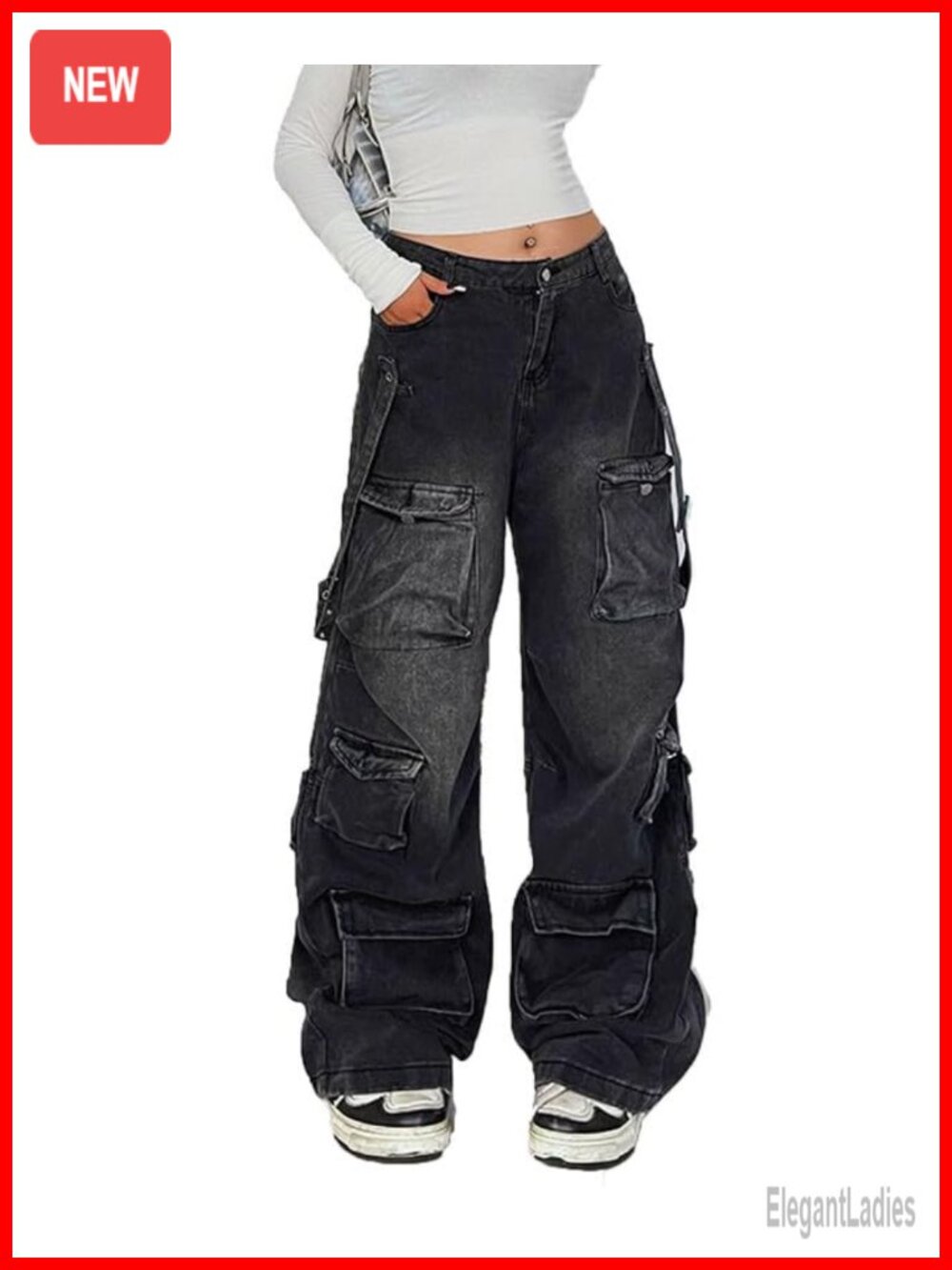 Women's Low Rise Wide Leg Cargo Jeans Y2K Baggy Pants with Pockets